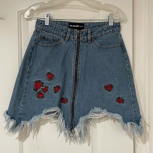 NWOT The Kooples Jeans Embroidered Rose Denim Skirt with Zipper & Skulls Detail